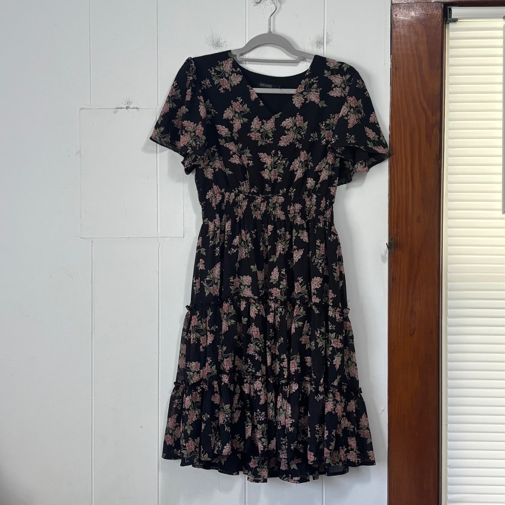 Mikarose Black Pink Floral Tiered Smocked Waist Midi Dress Womens Size Medium